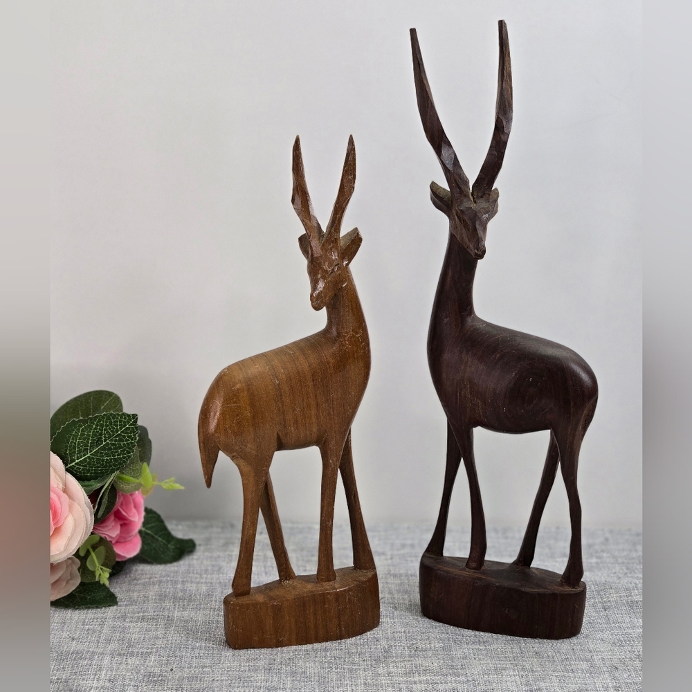 Vintage Handcarved in Kenya Set Of 2 Wooden Gazelle Figurines